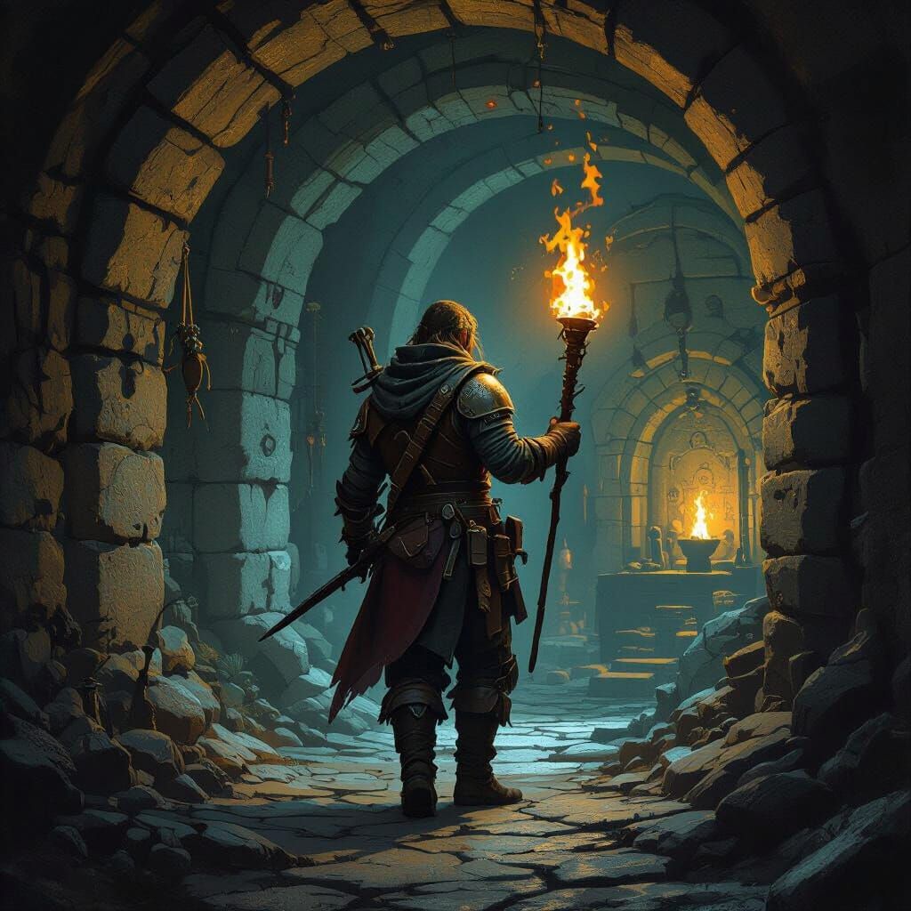 Adventurer Explores Ancient Dungeon by Torchlight