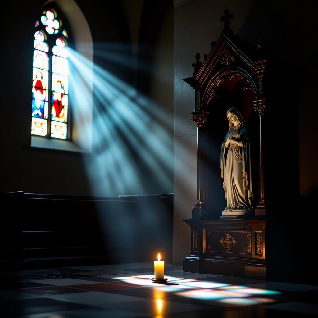 Ethereal Light Illuminates Madonna Statue in Church