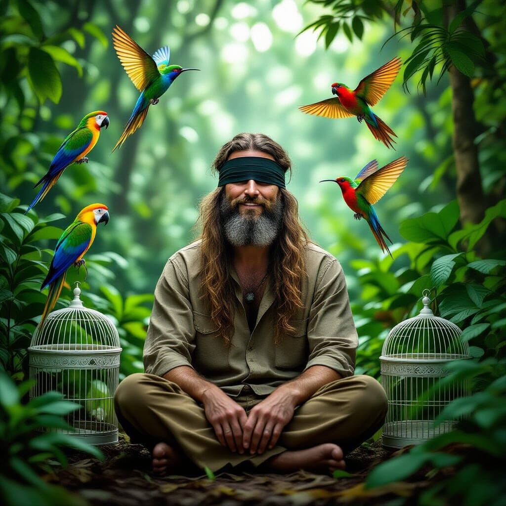 Man in Amazon Rainforest with Birds and Birdcages