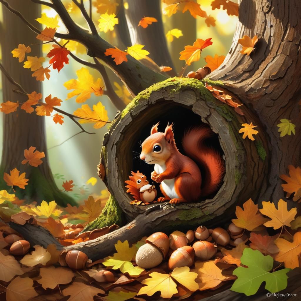 Squirrel Family in Autumnal Tree Hollow