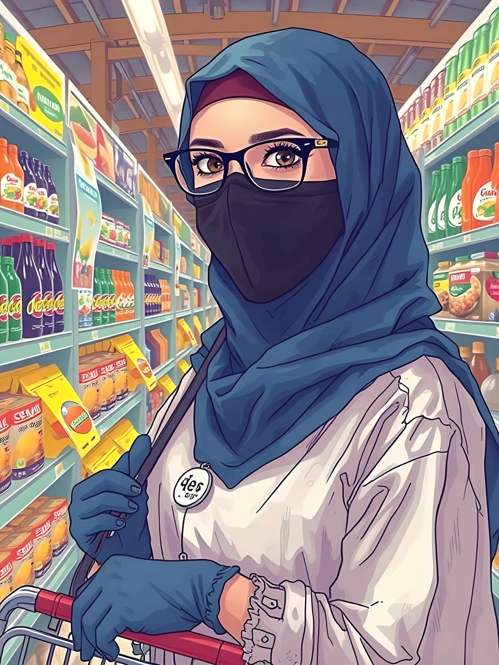 Niqabi Woman Shopping in Supermarket, Pop Art Style