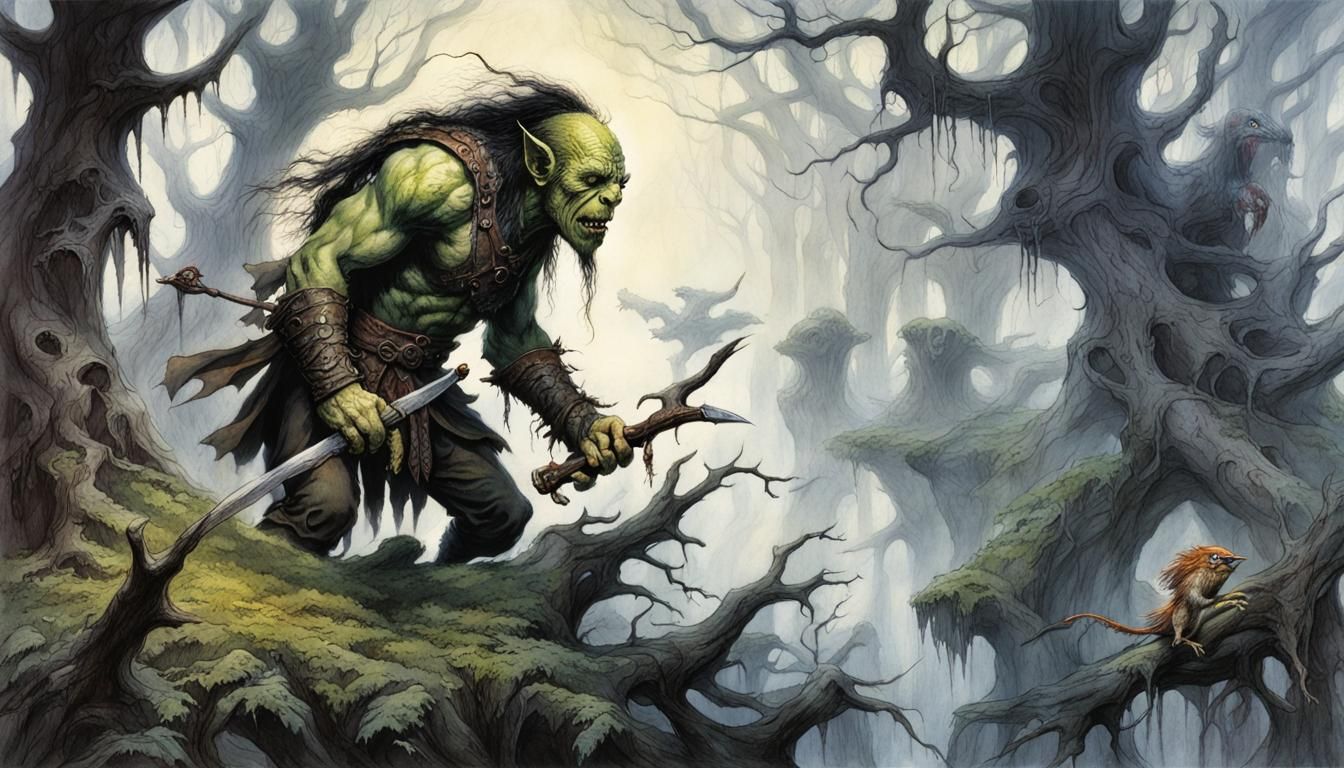 Action-Packed Orc Forest Illustration in Deep Colors