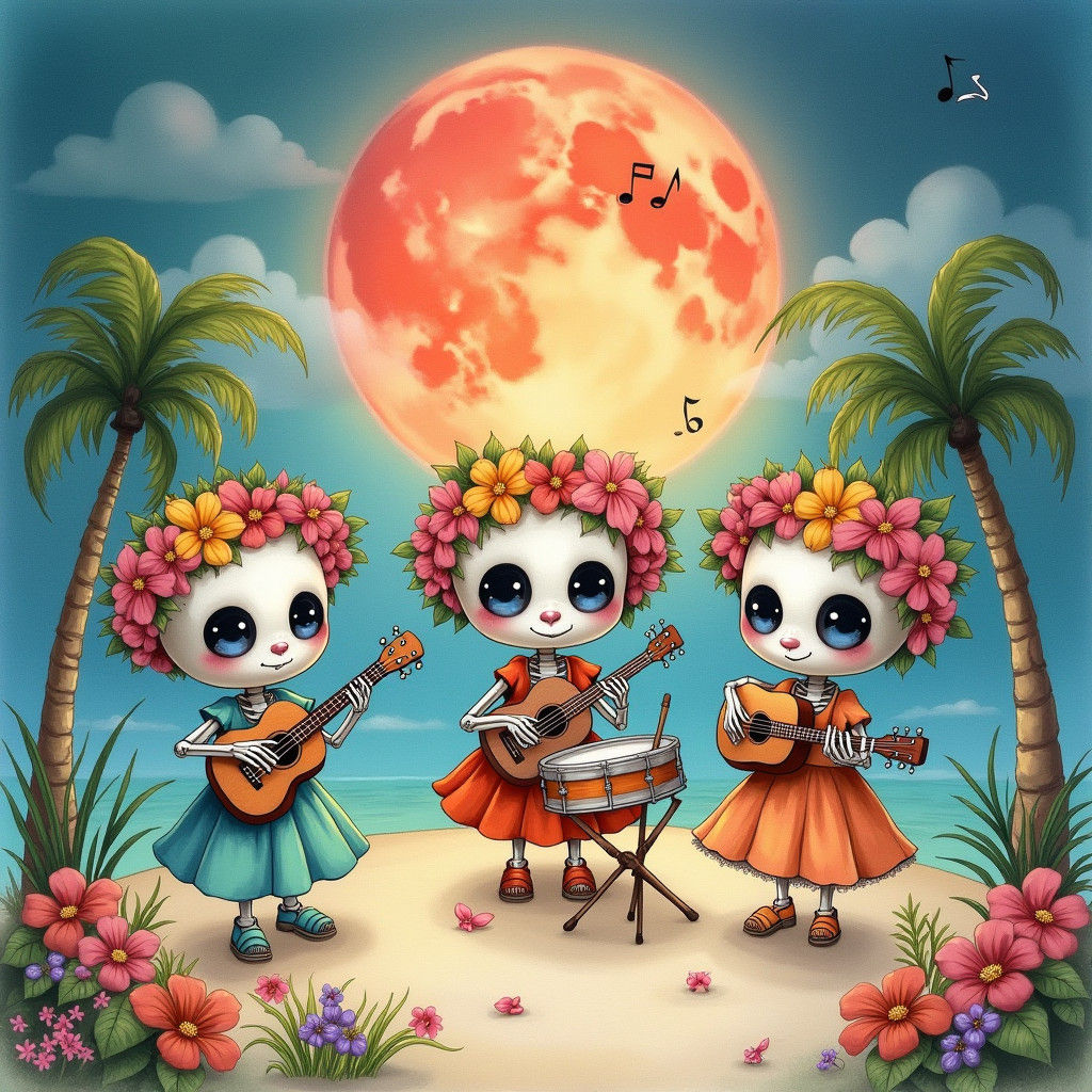 Pastel Chibi Skeletons Play in Watercolor Painting