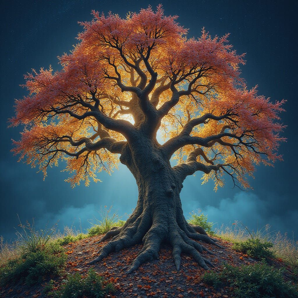 Ethereal Light Sculpture of a Majestic Tree