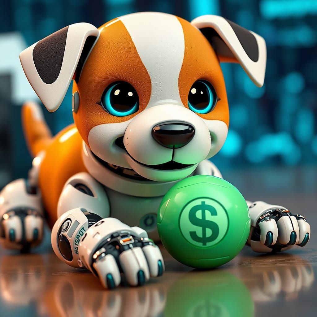 Cute Robot Puppy with Dollar Ball, Detailed Render