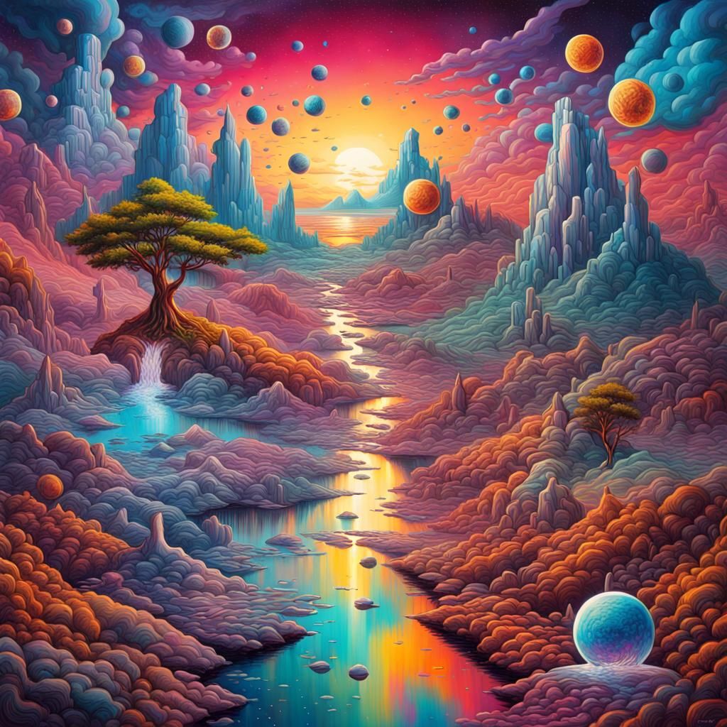 Surreal Holographic Landscape in Mixed Media Style