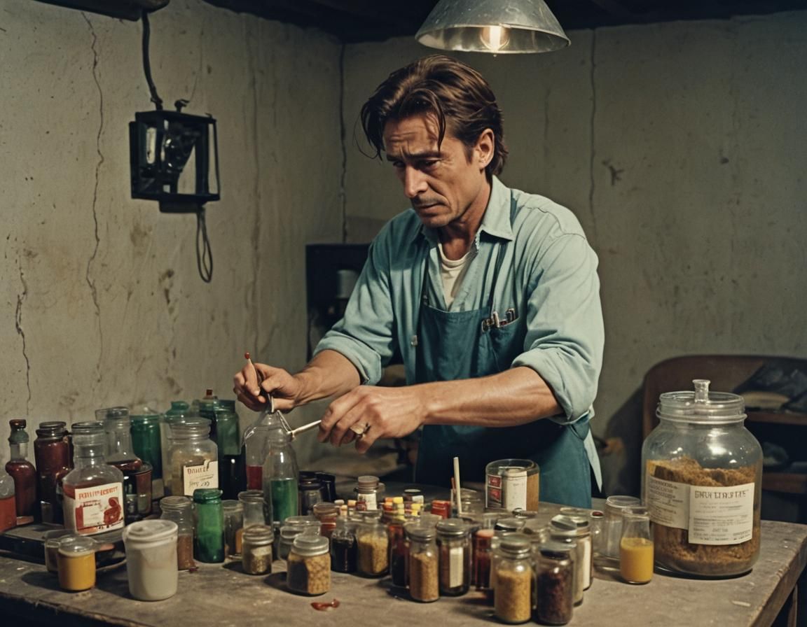 Cinematic Film Still: Medicine Mixing in Basement