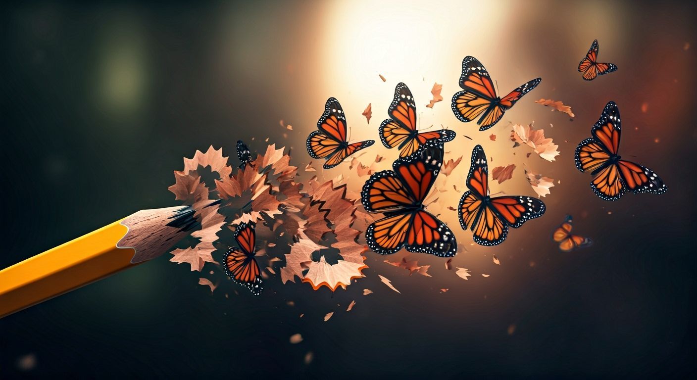 Butterflies Emerge From Sharpened Pencil In Whimsical Style