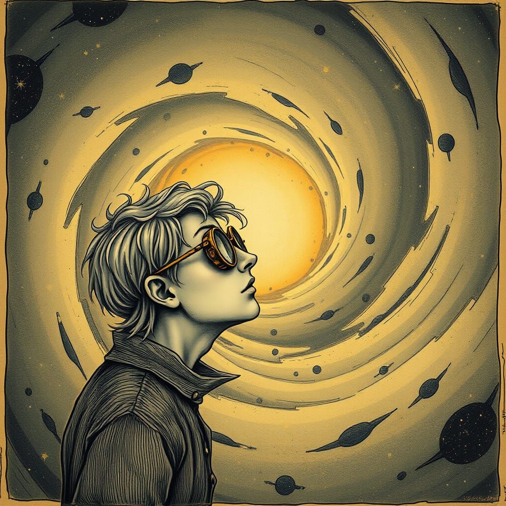 Figure in Spectacles Gazes into Cosmic Vortex