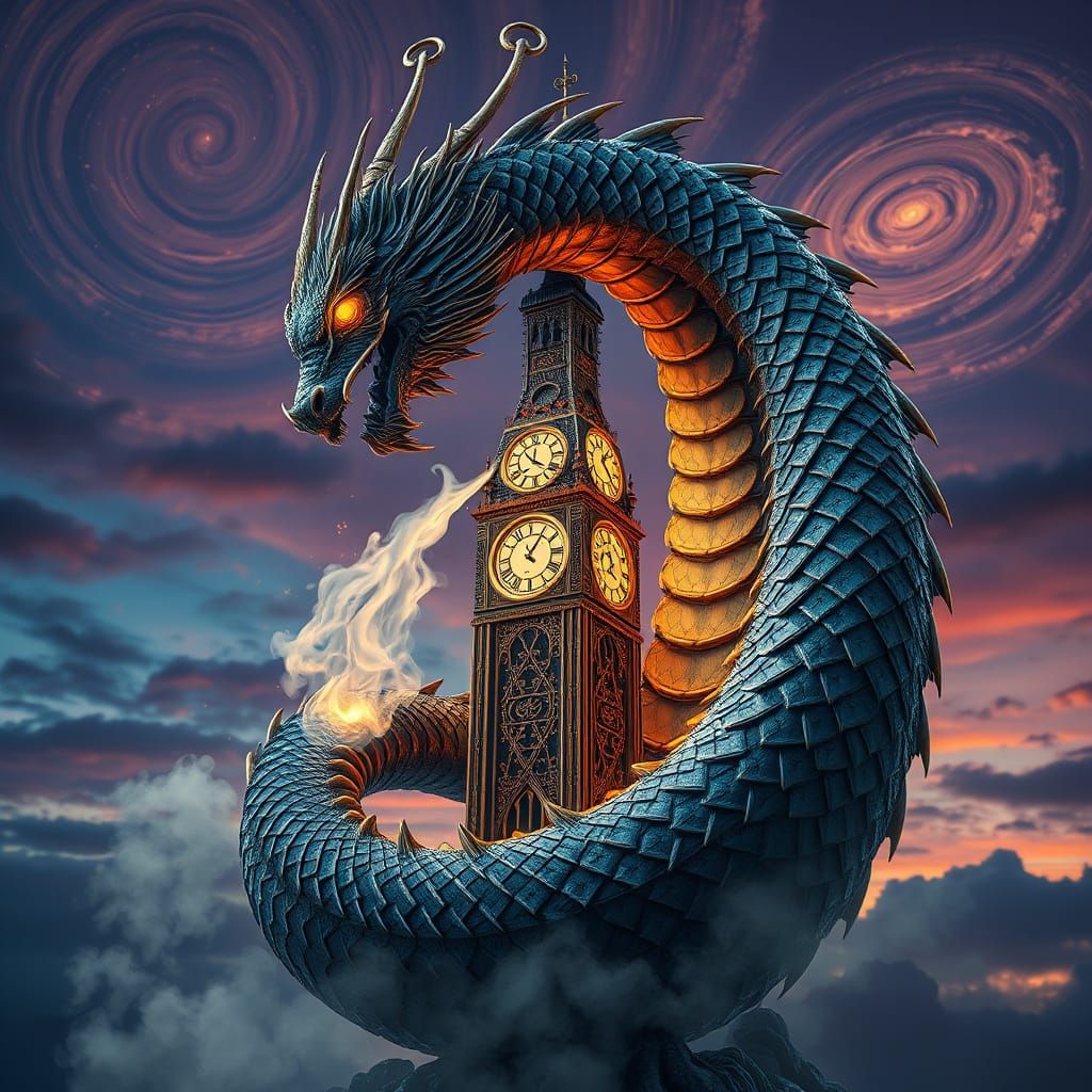Dragon Coiled Around Clock Tower in 3D Render