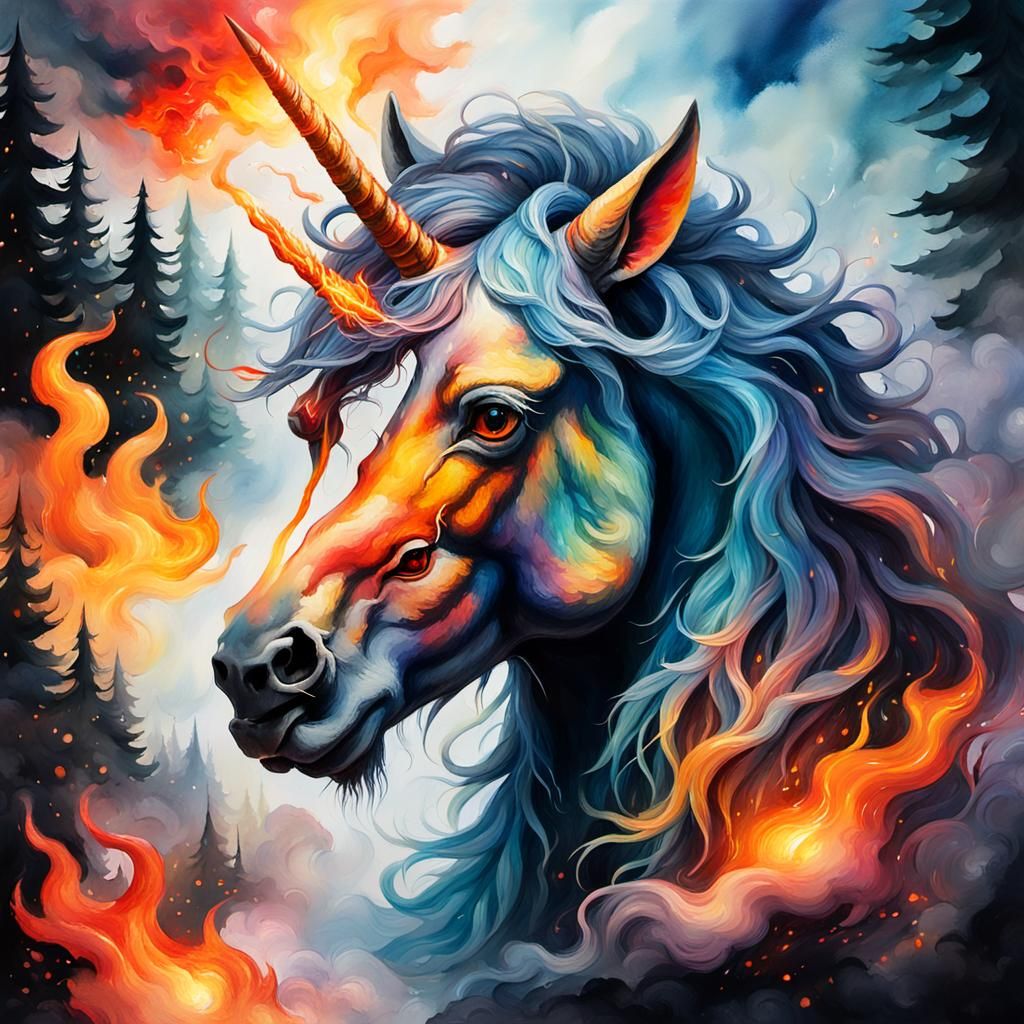 Fiery Unicorn Head in Impressionist Gouache Style
