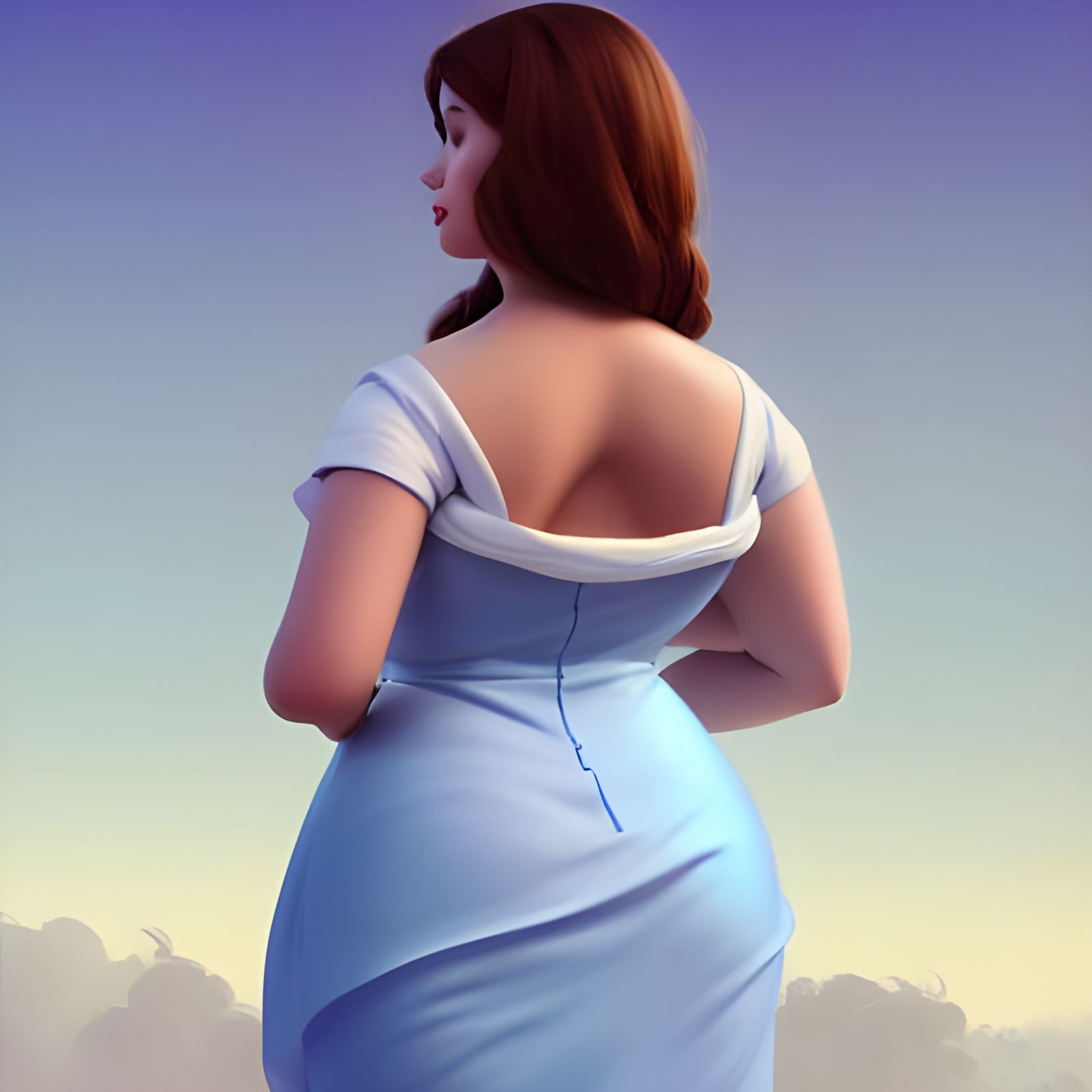 Brunette in Blue and White Dress: 3D Digital Art
