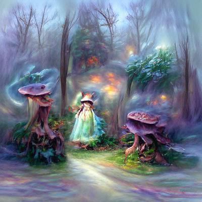 Mushroom Witch in Ethereal Forest with Frogs