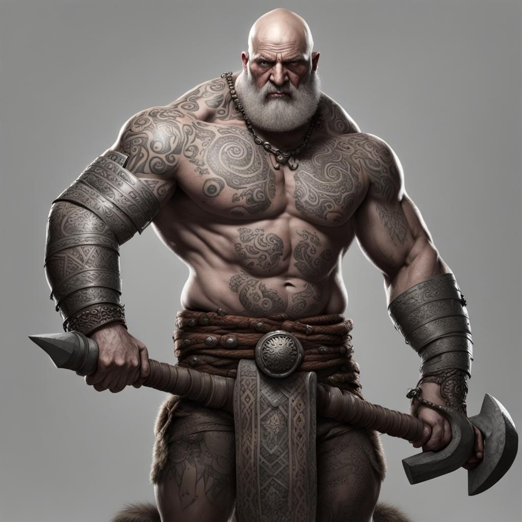 Goliath Barbarian with Hammer and Tribal Tattoos