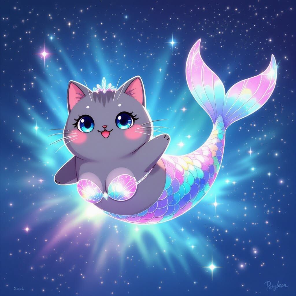 Cosmic Pusheen Mermaid in a Galaxy