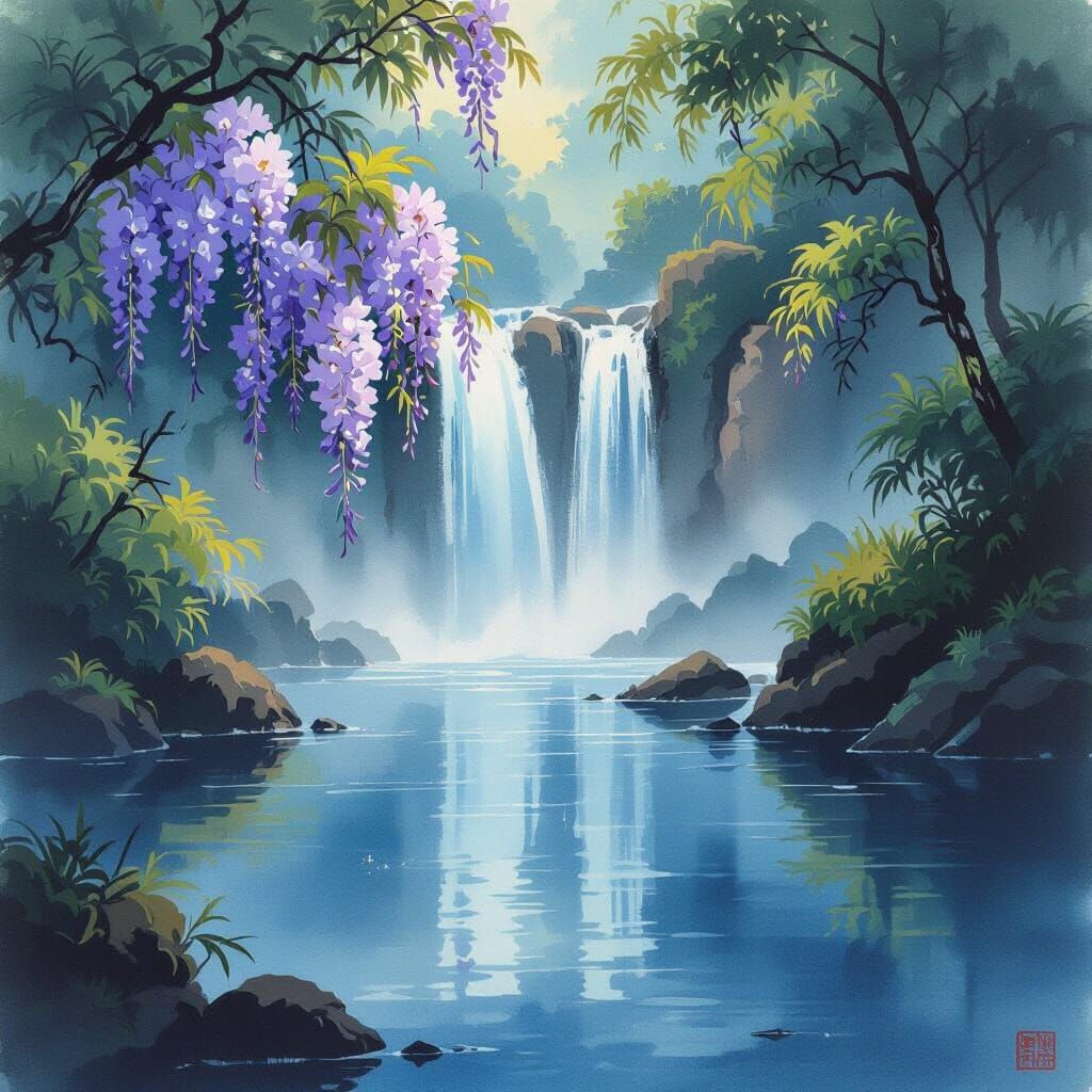Yamato-e Wisteria Waterfall in Japanese Ink Wash Style