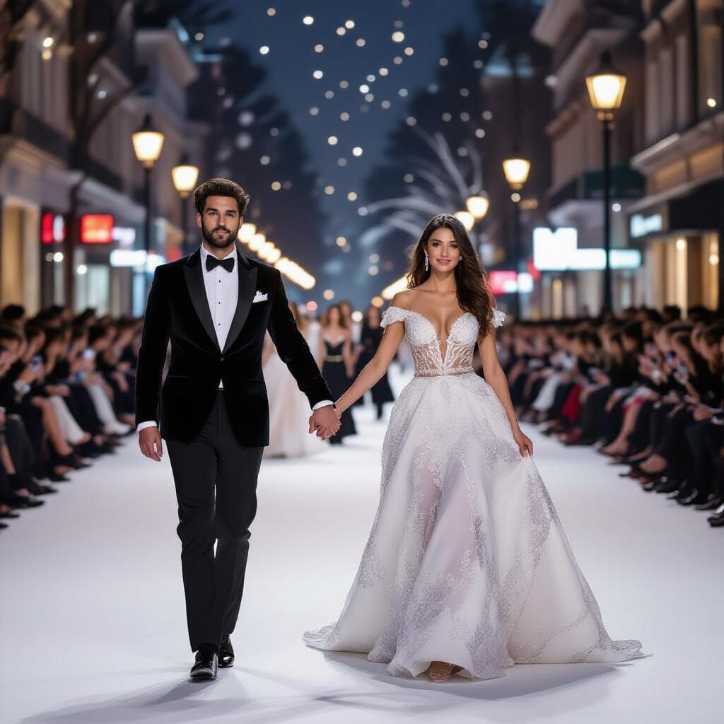 Surreal Lovers Dancing Under Streetlight in Snow and Rose Pe...