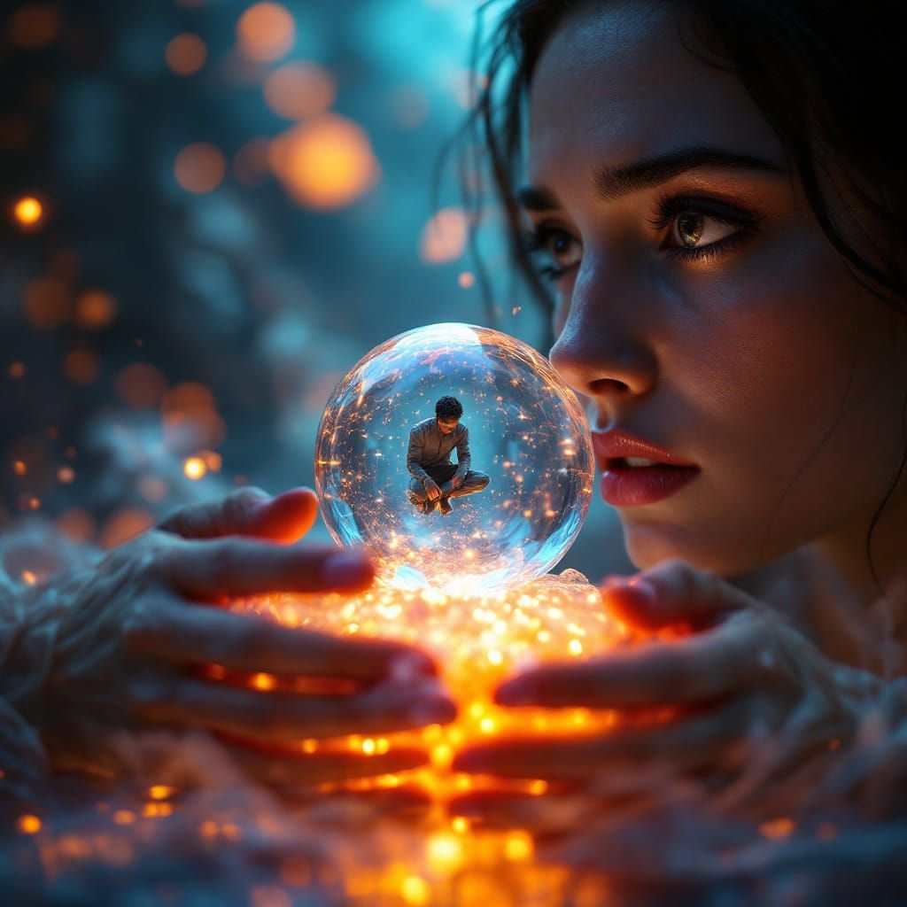 Man in Bubble Watched by Woman, Hyperrealistic Surrealism