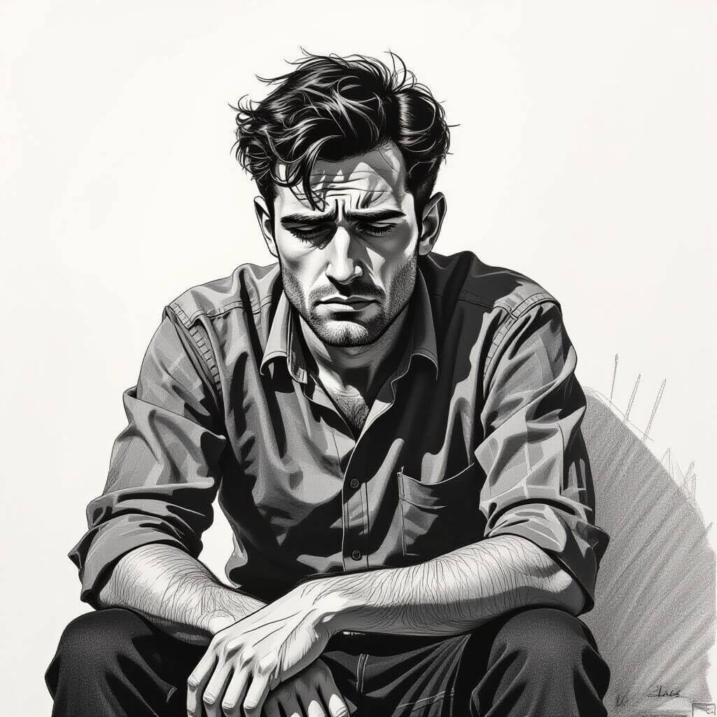 Man in Pencil Sketch Style Shows Emotional Fatigue