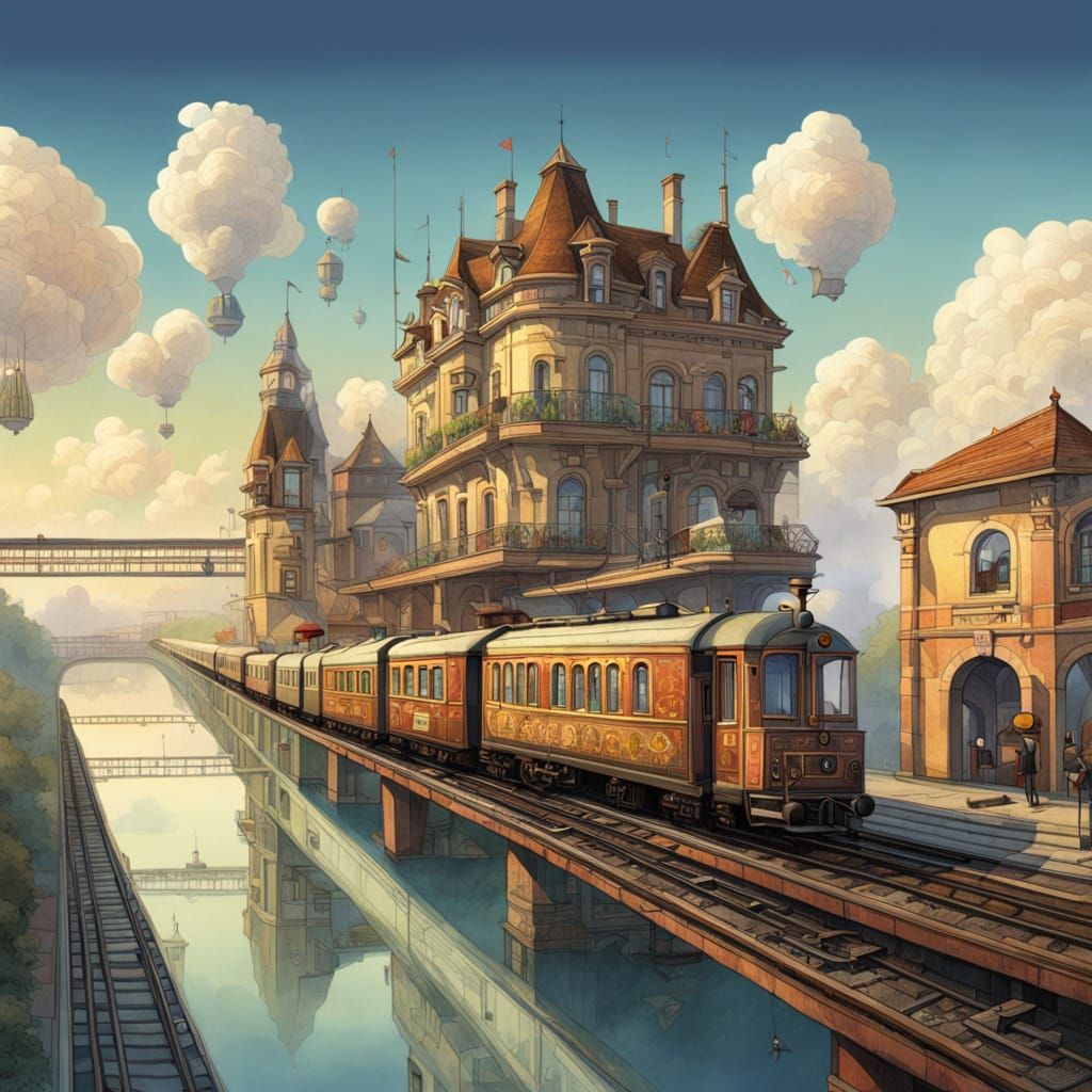 Surreal Train Station in a Cloudy Sky