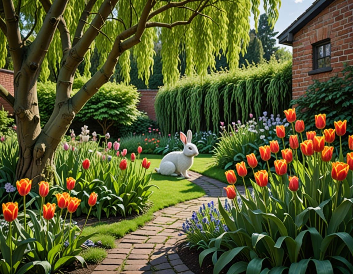 Lush Overgrown Garden with Brick Wall and Weeping Willows