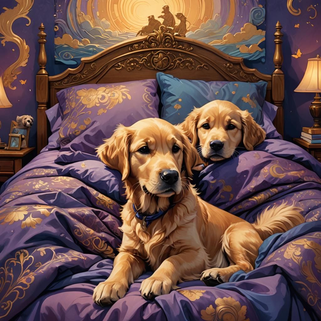 Boy and Golden Retriever Puppy in Bed