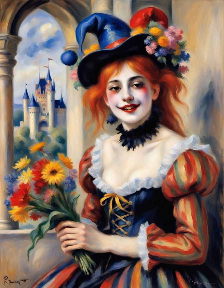 Singing Jester with Flowers in Gothic Castle