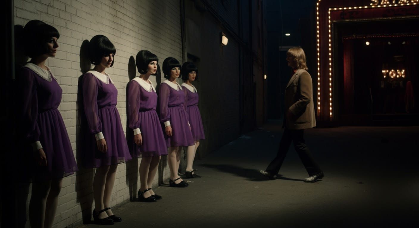 Mod Girls Waiting in a Dimly Lit Alleyway, Inspired by 1970s...