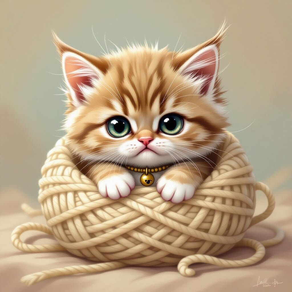 Grumpy Kitten in Yarn, Whimsical Pastel Art