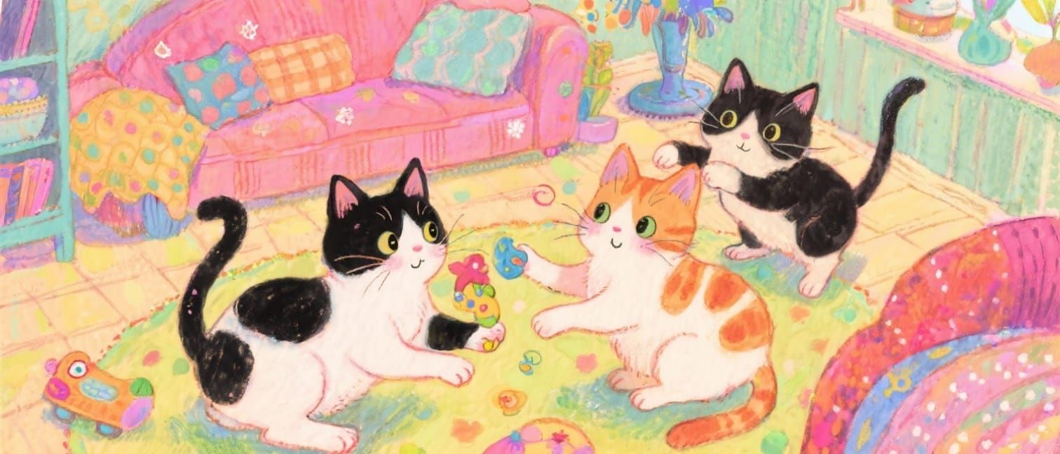 Whimsical Kittens Playing in Cozy Watercolor Style