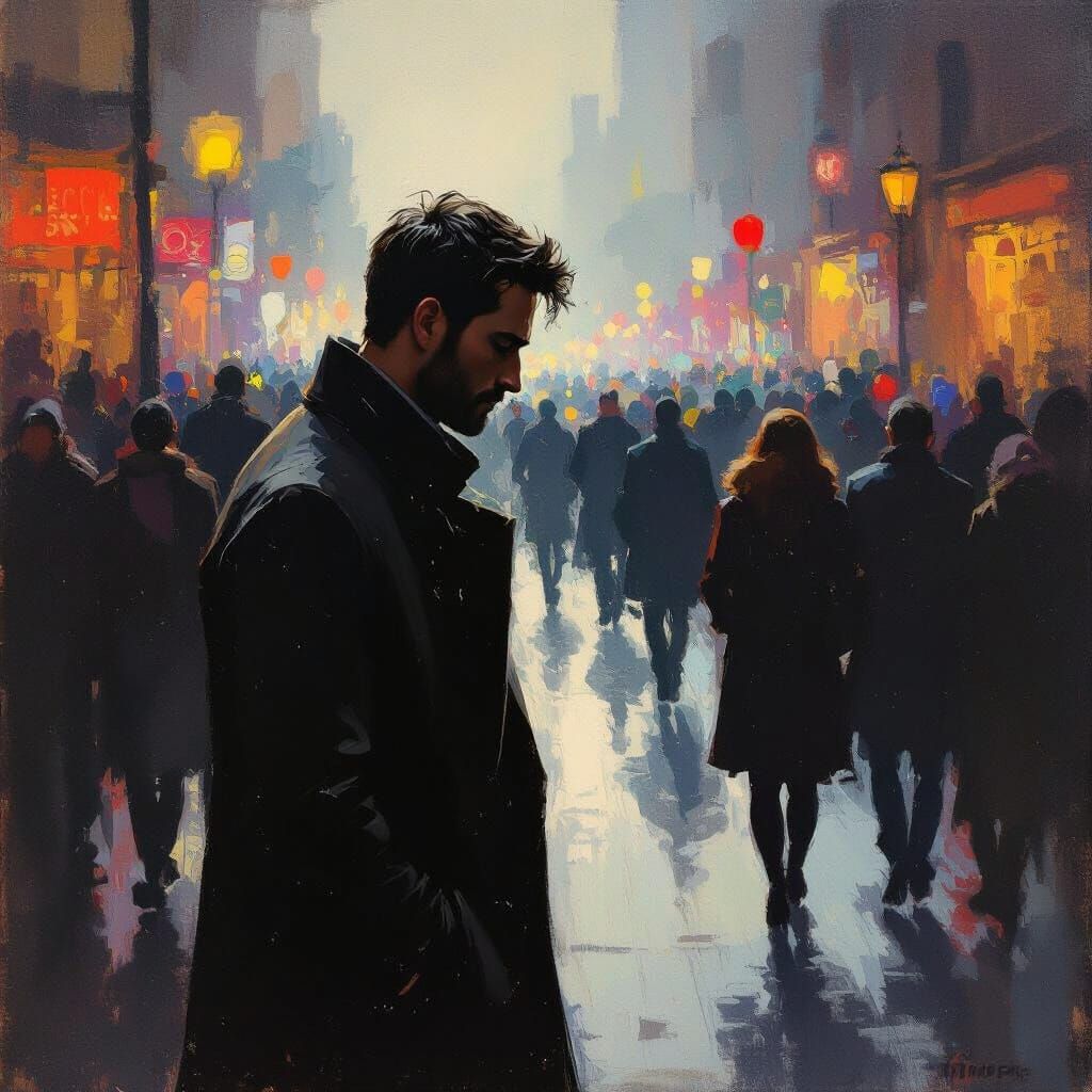 Man Isolated in Crowd, Expressive Oil Painting