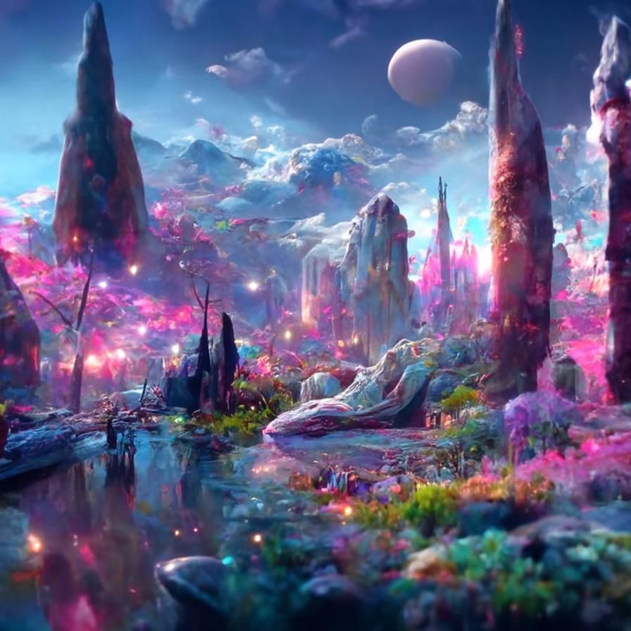 Iridescent Alien Zen Garden Under Cosmic Sky