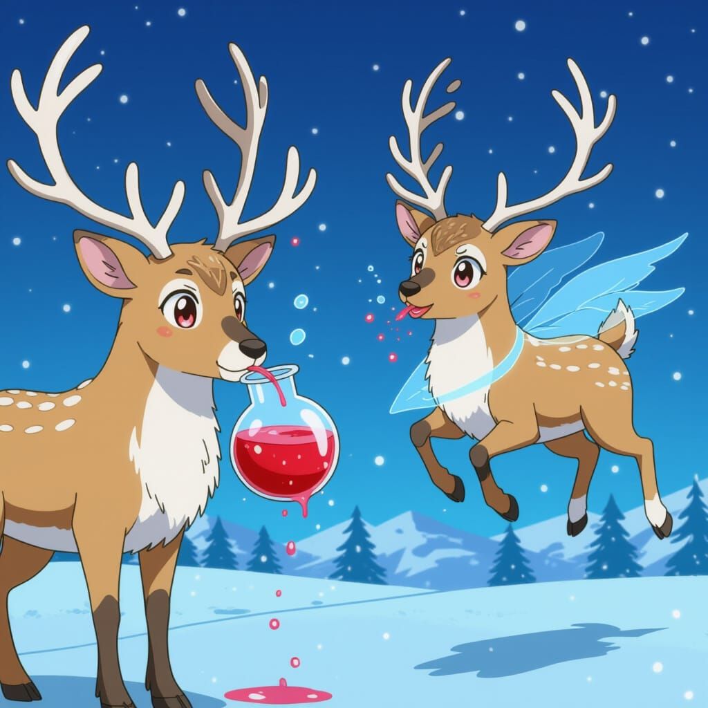 Reindeer Drinks Potion and Flies in Anime Style