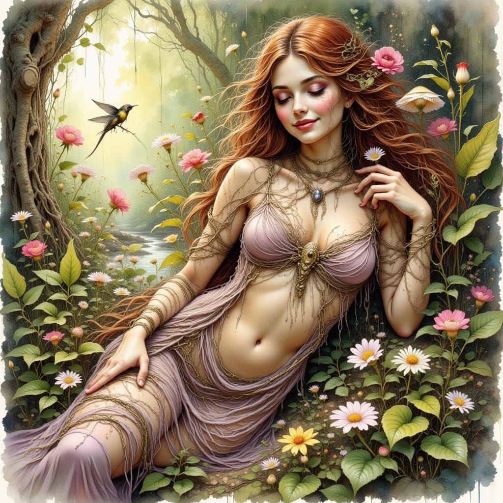 Sensual Druid in Forest Glade: Ink Wash Art