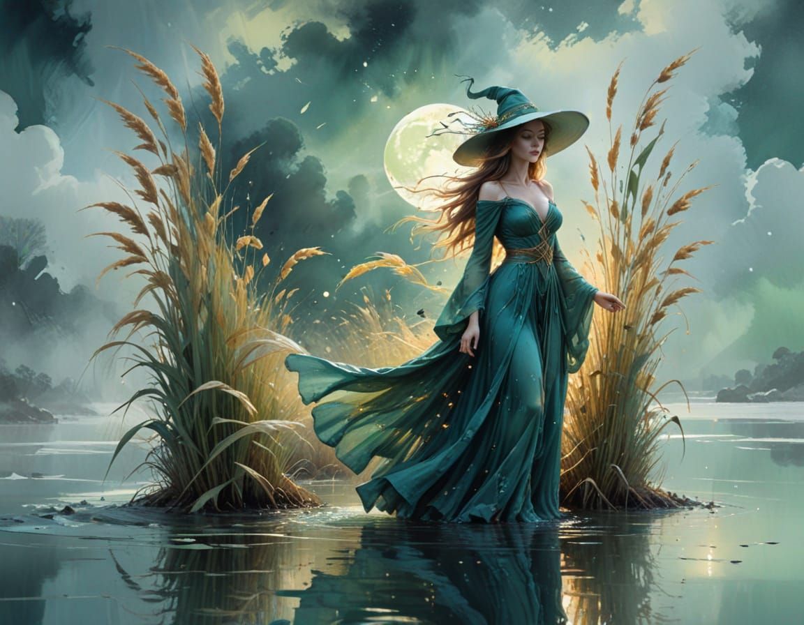 Enchanted Sorceress by Moonlit Water in Painterly Style