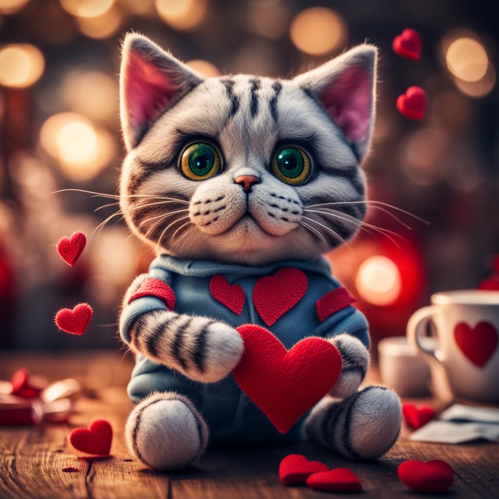 Hyperrealistic Stuffed Valentine Cat Toy, Sharp Focus