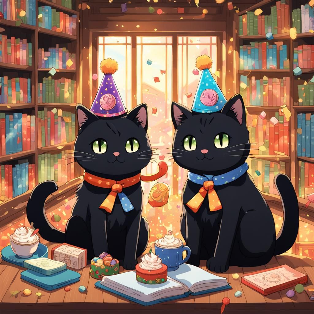 Black Cats Celebrate Birthday in Japanese Anime Library