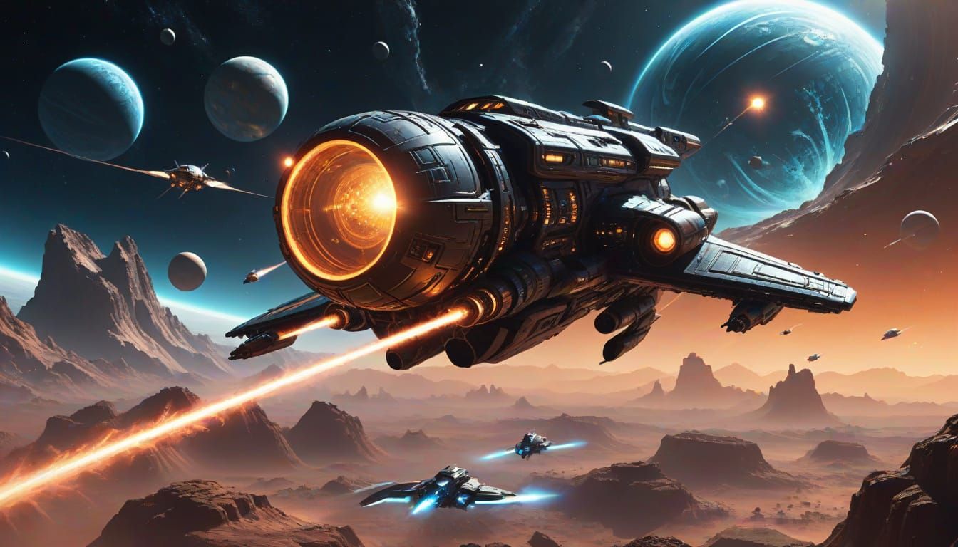 Spaceship Adventure Through Alien Worlds: Sci-Fi Art