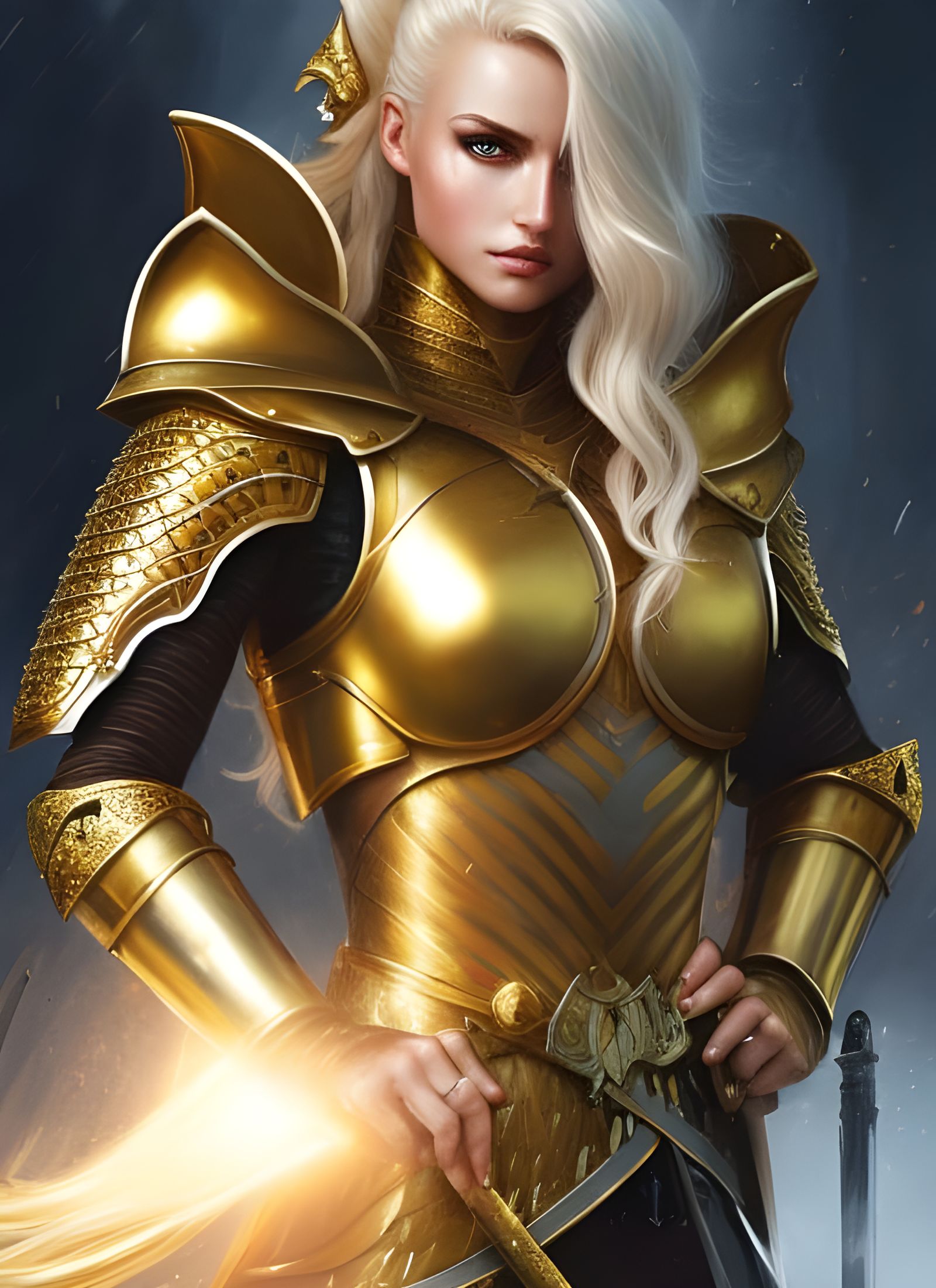 Sensual Blonde Knight in Golden Armor, Digital Art