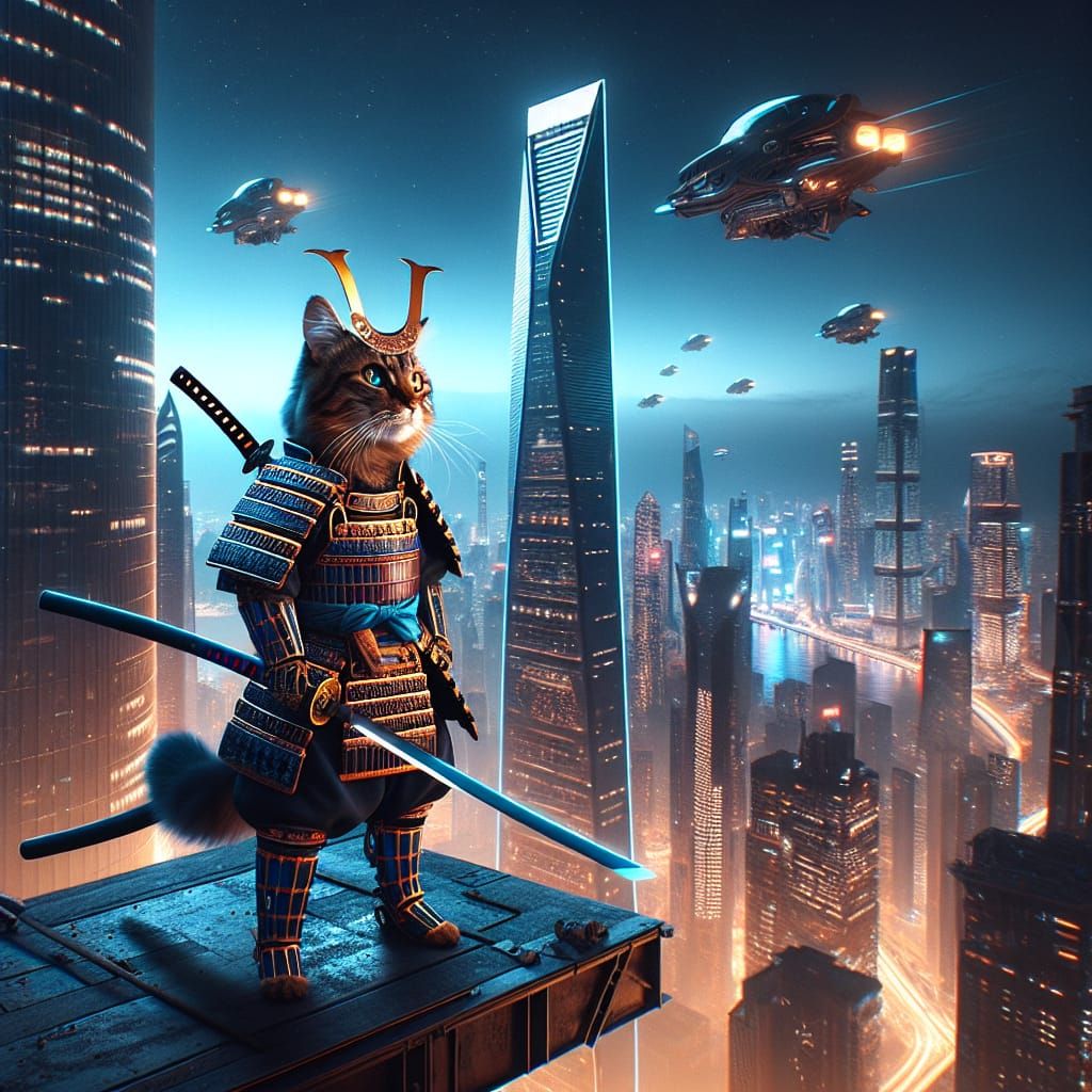 Samurai Cat on Skyscraper in Cyberpunk Cityscape