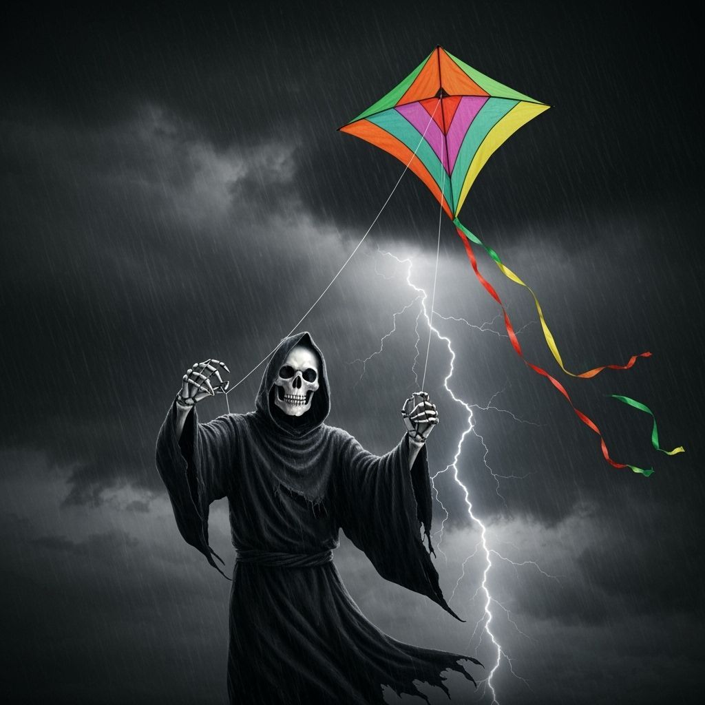 Grim Reaper Flies Kite on Stormy Day