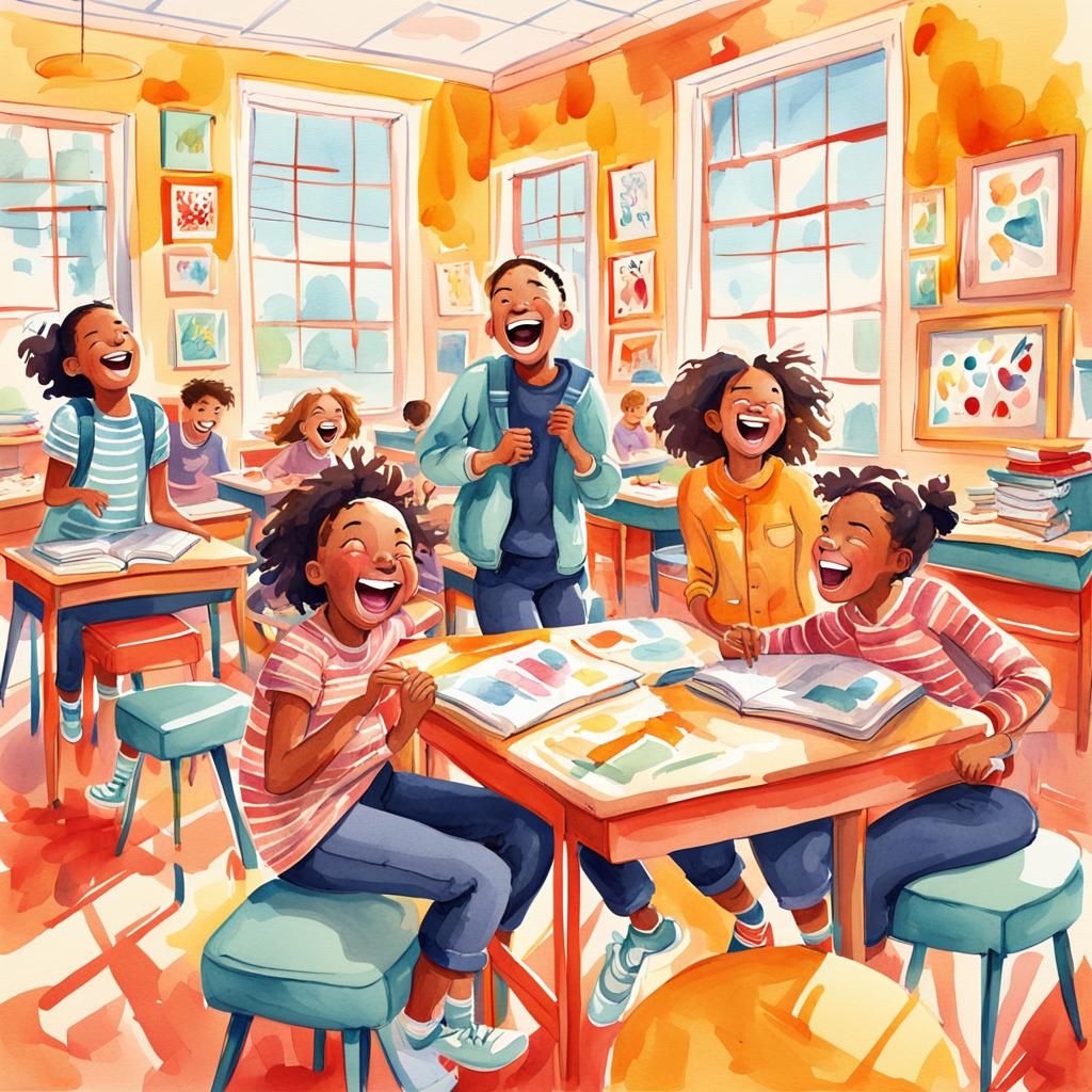 Whimsical Cartoon Students in Watercolor Classroom