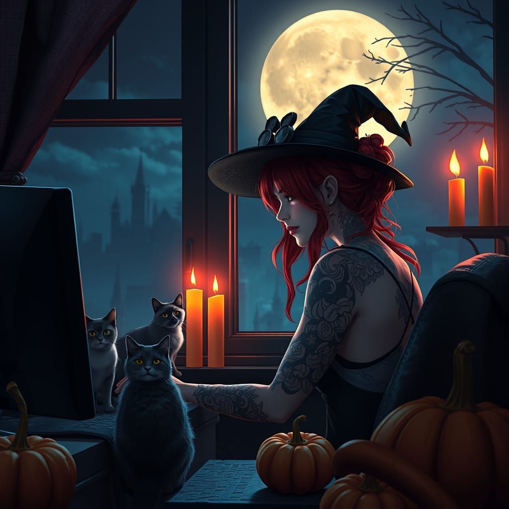 Witchy Girl with Cats and Candles at Night
