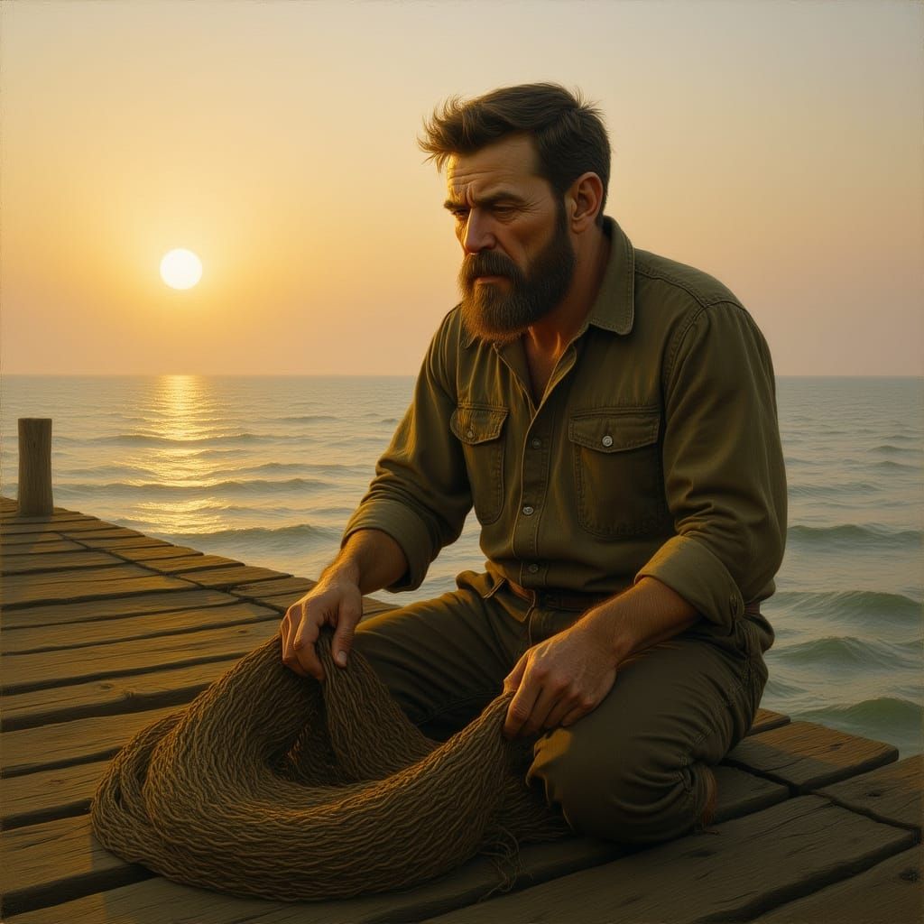 Grizzled Fisherman Mending Nets at Golden Hour Dawn