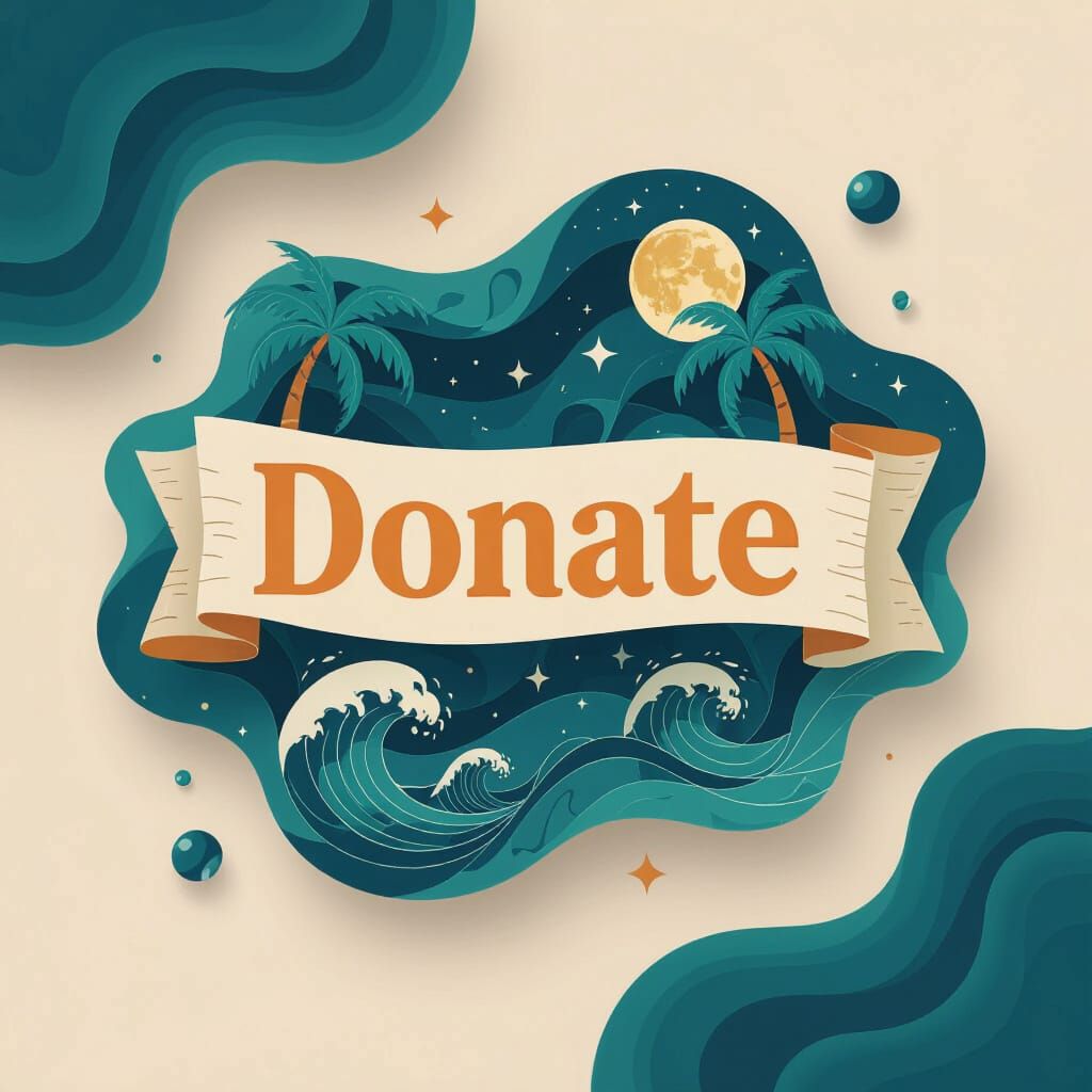 Donate Banner with Fantasy Icons and Abstract Shapes