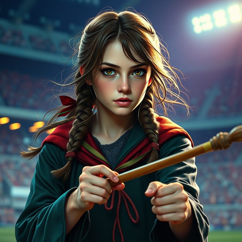 Girl Chasing Quidditch Glory in Vibrant, Art Nouveau-Inspire...