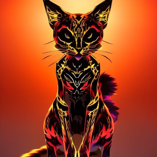 Fiery Anime Skeleton Cat in Watercolor Style