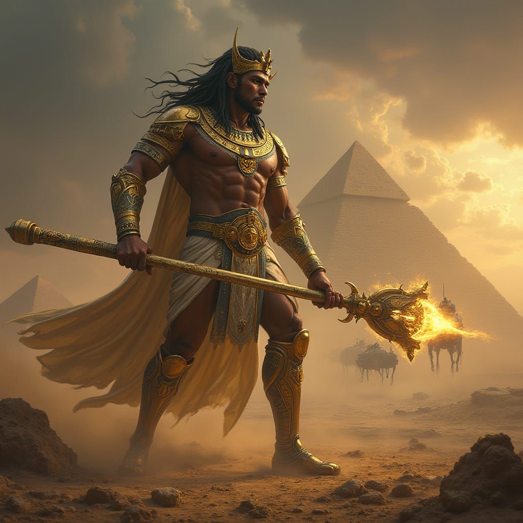 Ancient Egyptian Warrior Battles Hyksos in Dark Fantasy Sci-...