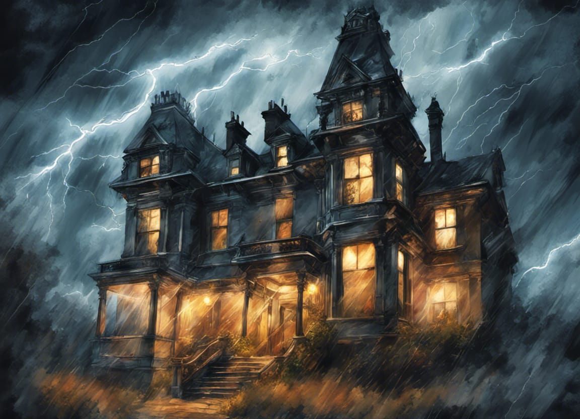 Victorian Mansion at Night with Severe Lightning Storm with ...