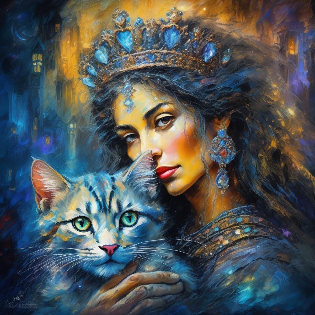 Queen and Kitten in Impasto Style